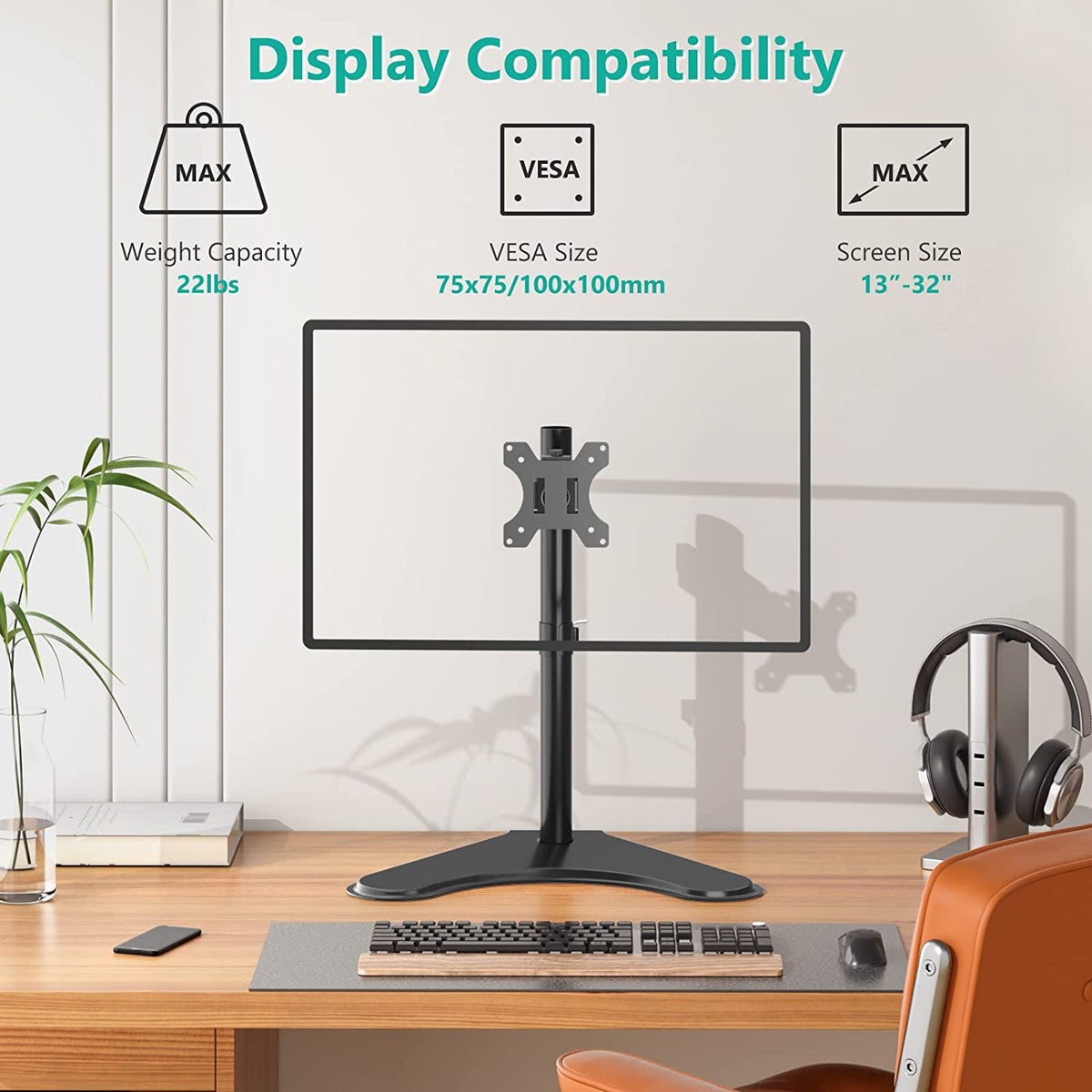 Single Monitor Stand up to 32 Inch Screens, Freestanding Single Monitors Arm Desk Mount, Universal VESA Monitor Mount 75X75/100X100Mm, Adjustable Height and Angle (MF001), Black